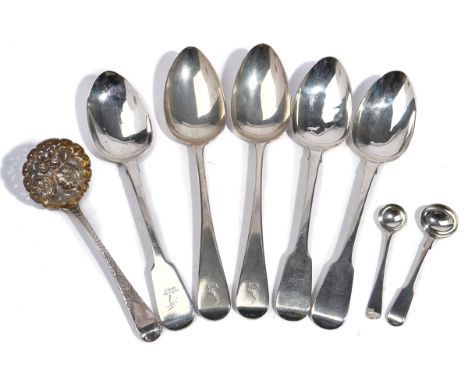 THREE IRISH SILVER FIDDLE PATTERN TABLESPOONS AND FURTHER SILVER FLATWARE (8)Dublin 1825, a pair of Old English pattern table