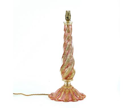 A VENETIAN MURANO PINK GLASS TABLE LAMPMid-20th CenturyWith gold foil inclusions, of spiral twist form, 42cm highCondition re