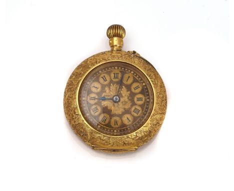 A GOLD CASED, KEYLESS WIND, OPENFACED FOB WATCHWith an un-signed gilt cylinder movement, gilt metal inner case, the floral de