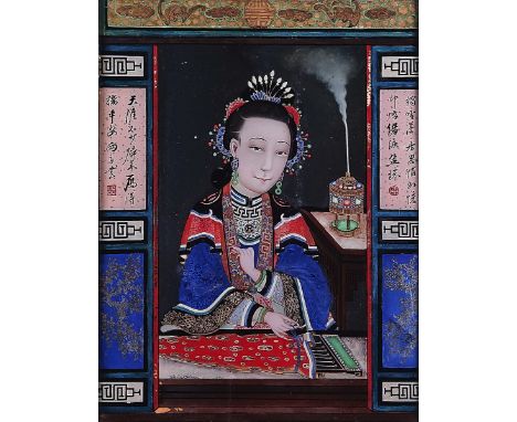 A CHINESE REVERSE GLASS PAINTINGLate 19th/20th centuryPainted with a young woman seated with a zither, a censer at her side, 