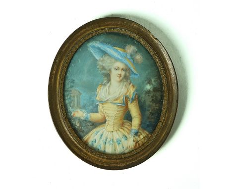 A PORTRAIT MINIATURE OF A YOUNG LADY IN 18TH CENTURY COSTUMESigned P.A Hall and dated 1786Watercolour on ivory, oval 8.2cm x 