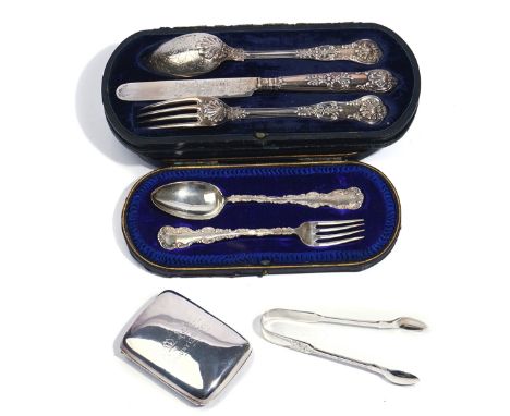 A VICTORIAN SILVER THREE-PIECE CHRISTENING SET AND THREE FURTHER ITEMS, (4)Comprising; a knife, a fork and a spoon, Sheffield