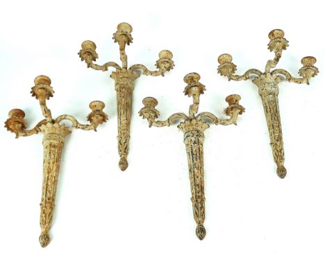 SET OF FOUR LOUIS XVI STYLE WHITE PAINTED CAST IRON THREE-LIGHT WALL APPLIQUÉS (4)20th CenturyEach issuing three moveable bra