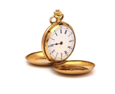 A GOLD CASED LADY'S FOB WATCHThe hunting cased fob watch with a gilt cylinder movement, detailed within the inner and outer c