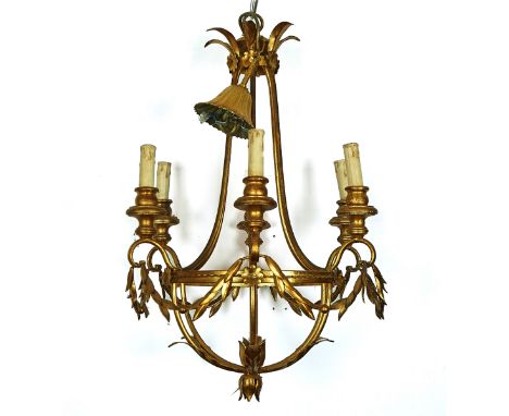 A FRENCH GILT TOLE-PEINTE SIX-LIGHT CHANDELIERLate 20th CenturyWith swag laurel leaf decoration, 90cm highCondition report:&n