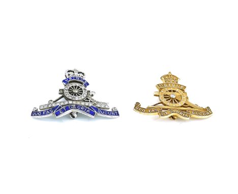 TWO ROYAL ARTILLERY REGIMENTAL BROOCHES (2)Comprising; a gold and diamond single stone brooch, detailed 10 K, gross weight 5.