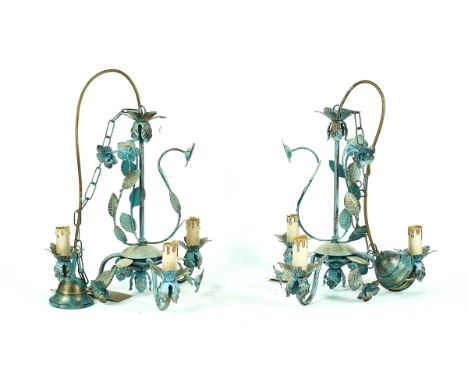 A PAIR OF ITALIAN BLUE PAINTED METAL THREE-LIGHT CHANDELIERS AND ANOTHER (3)Recent ManufactureThe pair - 47cm wide; 95cm high