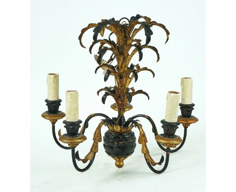 A GILT TOLE-PEINTE AND EBONISED FIVE-LIGHT CHANDELIERMid-20th CenturyWith a pineapple finial issuing five scroll branches, ap