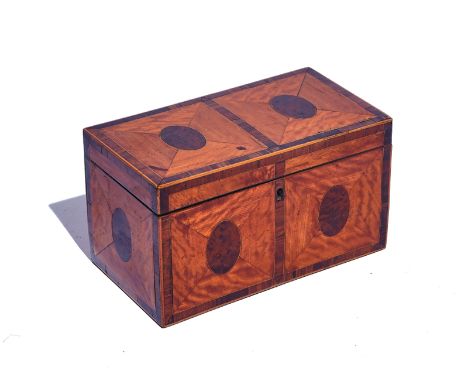 A GEORGE III KINGWOOD BANDED SATINWOOD AND BURR ELM RECTANGULAR TEA CADDY23cm wide; 13cm highCondition report:&nbsp;Slight wa