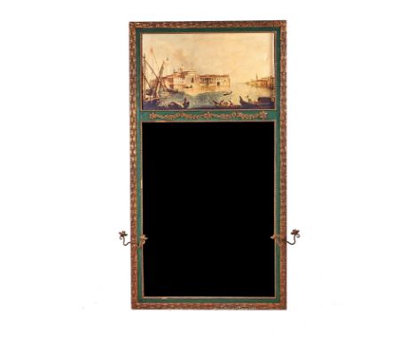 A FRENCH GILT COMPOSITION TRUMEAU MIRROR, MID-20TH CENTURYMounted with an oleograph of a Venetian canal scene, the frame beve