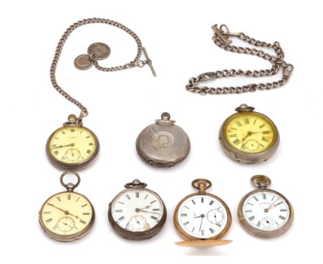 A COLLECTION OF SEVEN POCKET WATCHES AND TWO CHAINS (12)Comprising; a silver cased, keyless wind half hunting cased pocket wa