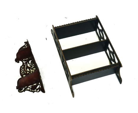 A LATE 19TH CENTURY MAHOGANY FRET CARVED HANGING TWO TIER CORNER SHELF (2)28cm wide; 50cm high, together with a Gothic Reviva