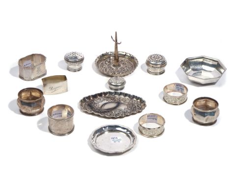 A GROUP OF SILVER, FOREIGN AND PLATED WARES (14)Comprising; a ring stand, London 1901, a shaped oval trinket dish, Chester 18