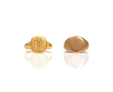 TWO GOLD SIGNET RINGS (2)Comprising; an 18ct gold signet ring, initial engraved, Birmingham  1921, ring size O, weight 5.5 gm