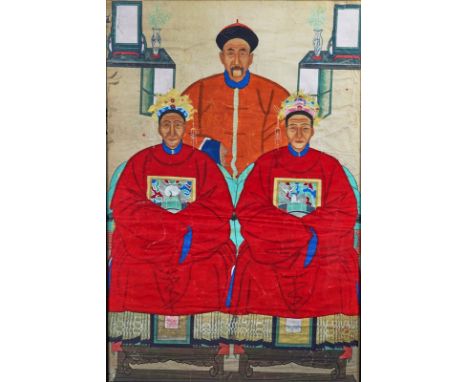 A LARGE CHINESE ANCESTOR PORTRAITLate 19th/20th centuryGouache on paperpainted with a man seated behind and between two ladie