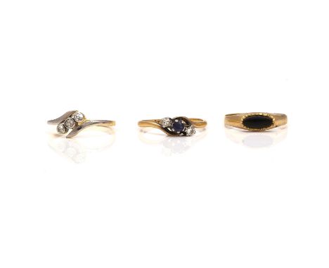 TWO DIAMOND RINGS AND ANOTHER RING (3)Comprising; a gold and diamond three stone ring, set with a row of cushion shaped diamo