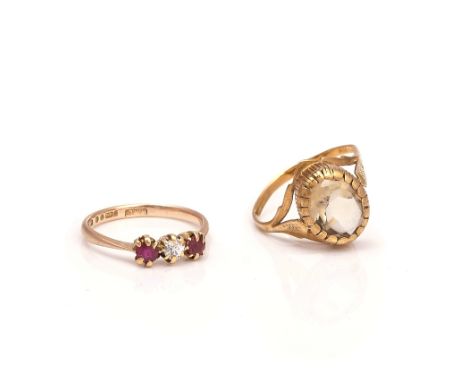 A 9CT GOLD, RUBY AND DIAMOND THREE-STONE RING AND ANOTHER RING (2)The ruby and diamond ring, ring size P, and a 9ct gold citr