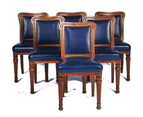 A SET OF SIX 19TH CENTURY OAK FRAMED DINING CHAIRS (6)On tapering reeded supports 50cm wide; 92cm high (6)Condition reports:&