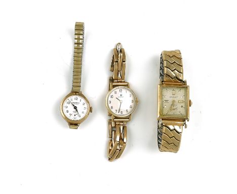 THREE BRACELET WRISTWATCHES (3)Comprising; a Chalet gold rectangular cased wristwatch, the caseback detailed 14 K, on a gilt 