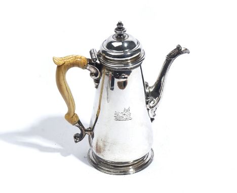 A GEORGE II SILVER COFFEE POTOf tapered cylindrical form, the hinged lid with a turned finial and fitted with an ivory handle