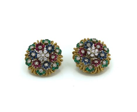 A PAIR OF GOLD, DIAMOND, SAPPHIRE, RUBY AND EMERALD CIRCULAR EARCLIPSEach designed as a series of coloured gemstone set clust