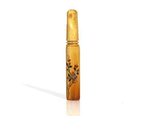 A JAPANESE SHIBAYAMA IVORY CHEROOT HOLDERMeiji periodIn two parts, inlaid with flowers and insects, 9cm lengthFour pieces of 