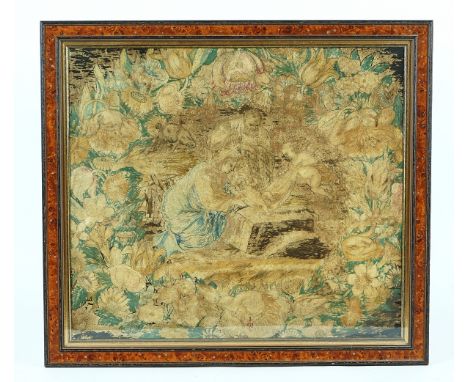 AN ENGLISH PETIT POINT NEEDLEWORK PANEL DEPICTING TWO FIGURES IN A FOREST (2)EARLY 18TH CENTURYWith a house in the background