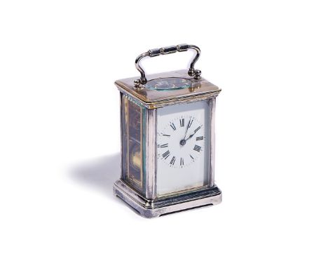 A FRENCH SILVER PLATED CARRIAGE  CLOCKCirca 1900In a Corniche case, the twin train movement with silvered platform escapement