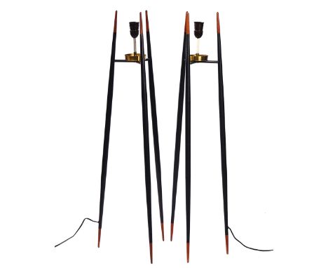ATTRIBUTED TO SVEND AAGE HOLM SØRENSEN; A PAIR OF PAINTED METAL AND TEAK MOUNTED  FLOOR STANDING TRIPOD LIGHTS (2)Mid-20th Ce