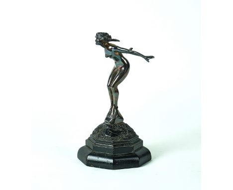 A SILVER-PLATED CAR MASCOT ''SPEED NYMPH''20th CenturyModelled as a female with her arms outstretched, stamped 'REG ED' with 