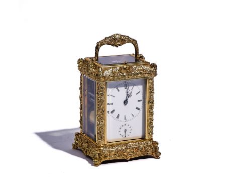 A FRENCH RELIEF-CAST BRASS PETITE SONNERIE STRIKING CARRIAGE CLOCKBy Grohé, Paris, circa 1875The relief-cast case of Empire s