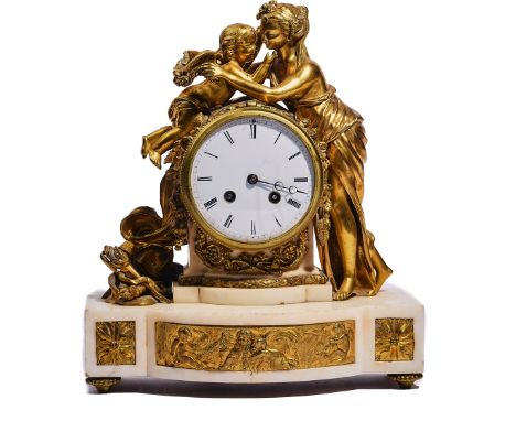 A FRENCH ORMOLU AND MARBLE MANTEL CLOCKIn the Louis XVI style, last quarter 19th CenturyModelled with a lady holding a garlan