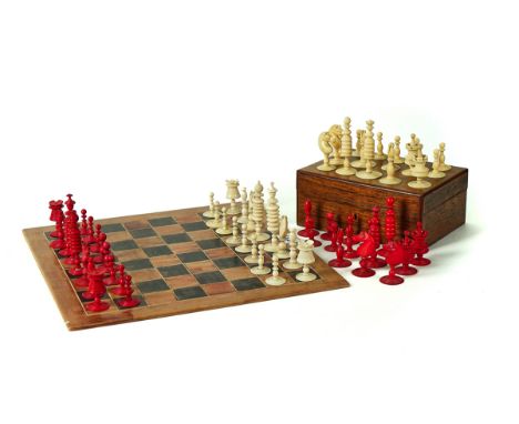 TWO ENGLISH IVORY AND BONE PLAYING CHESS SETS (2)19th Century &amp; LaterThe first set with two white knights, a red knight a