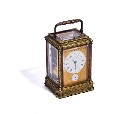 A FRENCH ENGRAVED BRASS GORGE CASED GRAND SONNERIE STRIKING ALARM CARRIAGE CLOCKRetailed by J. Klaftenberger, 157 Regent Stre