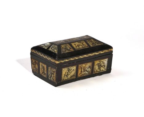 AN EBONISED, MOTHER-OF-PEARL AND BONE INLAID BOX AND COVER19th CenturyInlaid with mother of pearl panels depicting various an