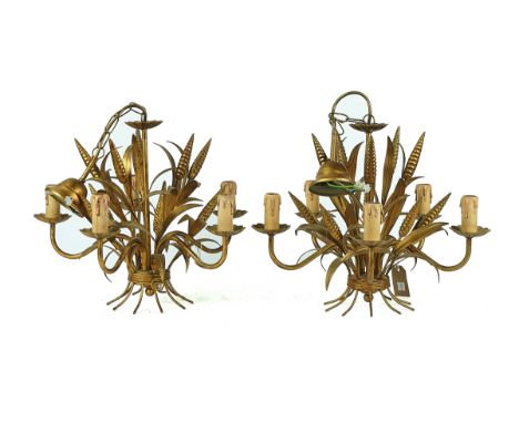 A PAIR OF FRENCH GILT TOLE-PEINTE  FIVE-LIGHT ‘WHEAT-SHEAF’ CHANDELIERS (2)In the Manner of Maison Jansen, Late 20th Century4
