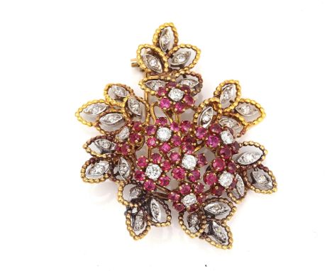 A GOLD, DIAMOND AND RUBY BROOCHDesigned as a floral and foliate spray, mounted with circular cut diamonds and with circular c