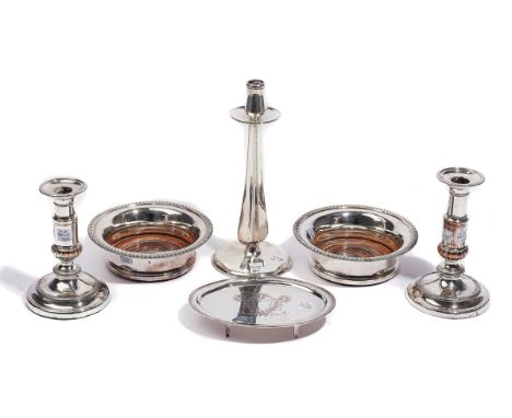 A GROUP OF MOSTLY PLATED ON COPPER WARES (4)Comprising; a pair of bottle coasters, each having a gadrooned rim and with a tur