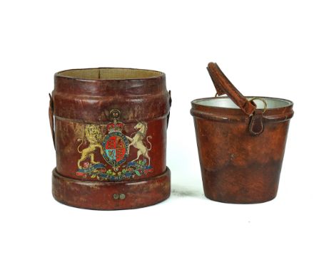 OF MILITARY INTEREST: A WORLD WAR II LEATHER SHOT BUCKET AND A LEATHER FIRE BUCKET (2)Dated 1942Both transfer printed with Ro