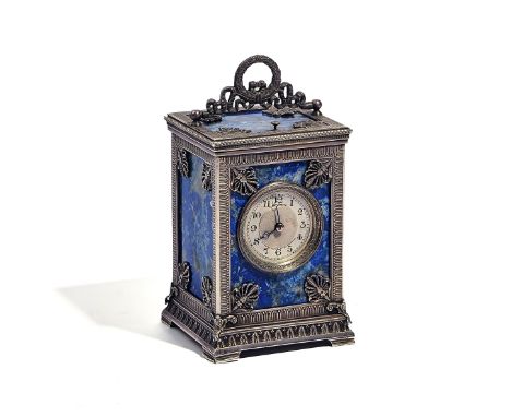 AN UNUSUAL FRENCH LAPIS LAZULI-MOUNTED SILVER PLATED REPEATING CARRIAGE CLOCKCirca 1900The Empire style case with laurel wrea