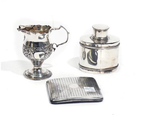 A SILVER TEA CADDY AND TWO FURTHER ITEMS (3)The lidded tea caddy of oval form, London 1912, a rectangular cigarette case, Che