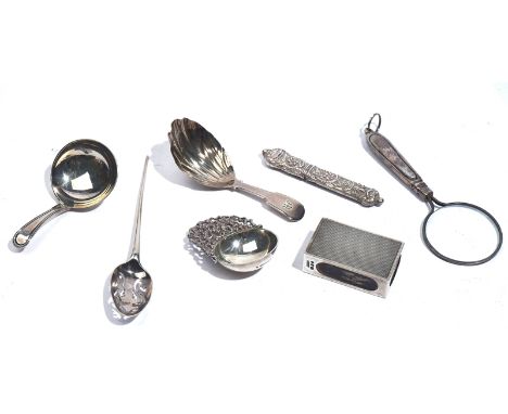 THREE SILVER CADDY SPOONS AND FOUR FURTHER ITEMS (7)Comprising; a thread edged spoon with a circular bowl, probably London 17