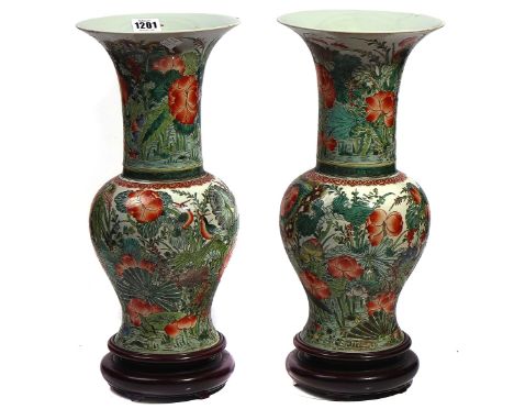 A PAIR OF CHINESE FAMILLE-VERTE YENYEN VASESBlue six character Kangxi mark, but late 19th/early 20th centuryPainted with bird