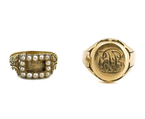 TWO RINGS (2)Comprising; a George IV mourning ring, the rectangular front set with a border of half pearls, (the central hair