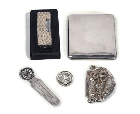 A SILVER RECTANGULAR CIGARETTE CASE AND FOUR FURTHER ITEMS (5)The cigarette case London 1913, a Hanson gas lighter, detailed 