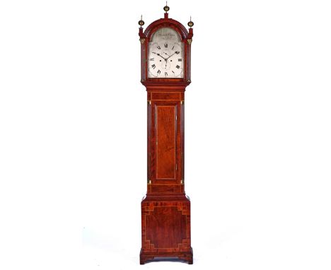 A LATE GEORGE III MAHOGANY, CROSSBANDED AND OUTLINED LONGCASE CLOCKBy Thomas Harris, BathThe arched pediment with three brass