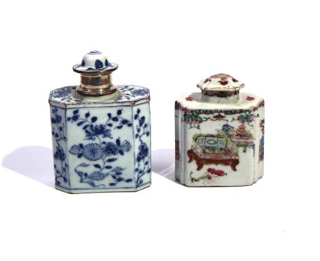 A CHINESE FAMILLE ROSE TEA CADDY AND COVERQianlongOf shaped rectangular form, painted with a chair, a table and vases of flow