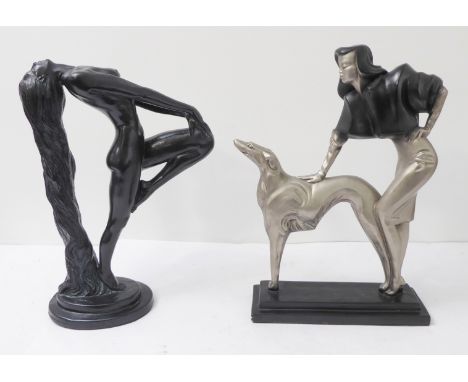 Two Austin Production Inc. ceramic sculptural female figures:An Art Deco lady with Borzoi dog on rectangular base (42 x  27 c