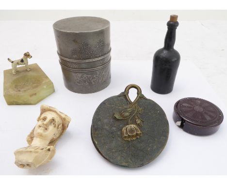 An assortment to include:a 19th century cylindrical Japanese pewter tea caddy (marks to underside),an Art Nouveau style paper