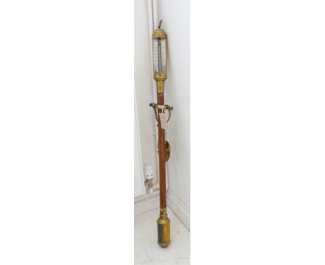 A 20th century reproduction Portuguese 17th century brass and mahogany gimbel wall mounted marine stick barometer. The brass 